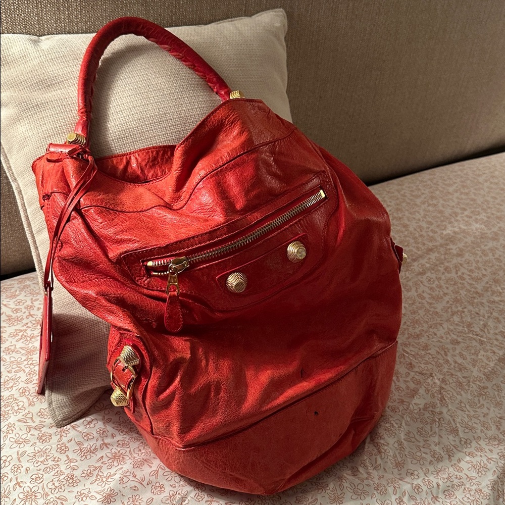 Balenciaga Red Leather Bag with Gold Zipper